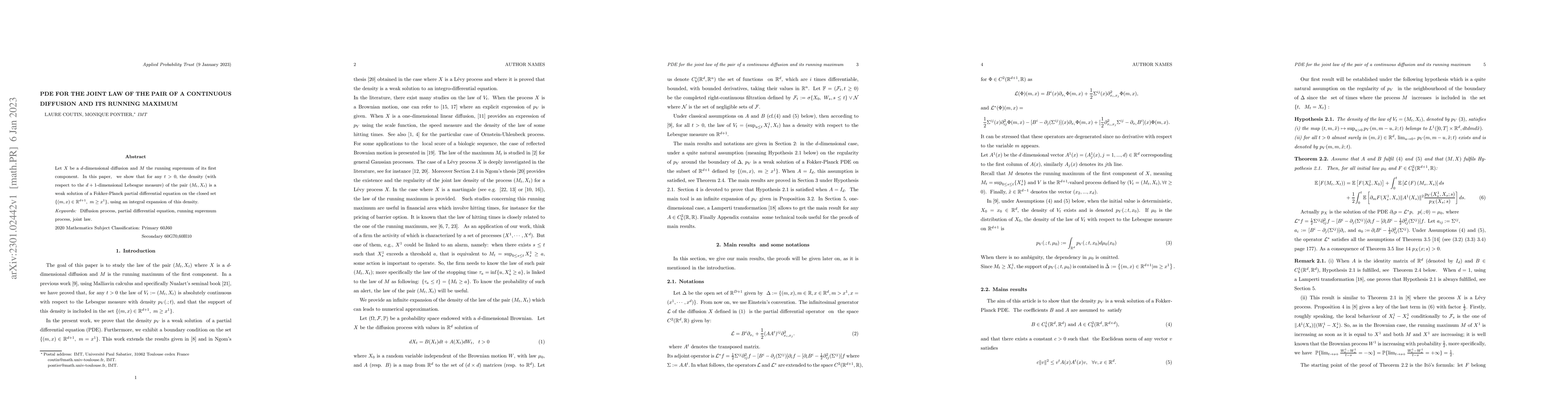 Thumbnail for PDE for the joint law of the pair of a continuous diffusion and its
  running maximum