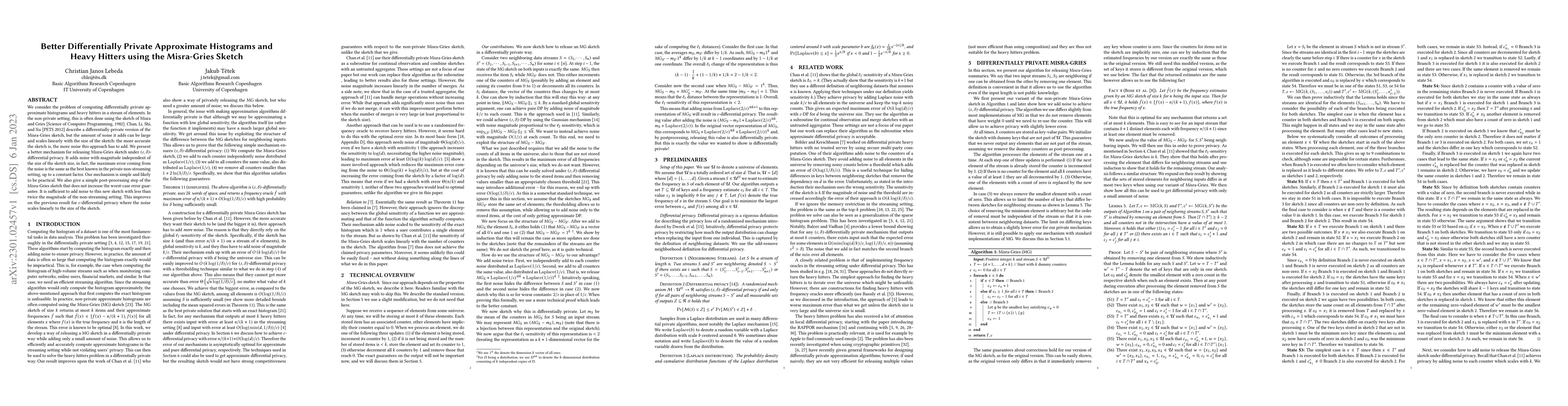 Thumbnail for Better Differentially Private Approximate Histograms and Heavy Hitters
  using the Misra-Gries Sketch