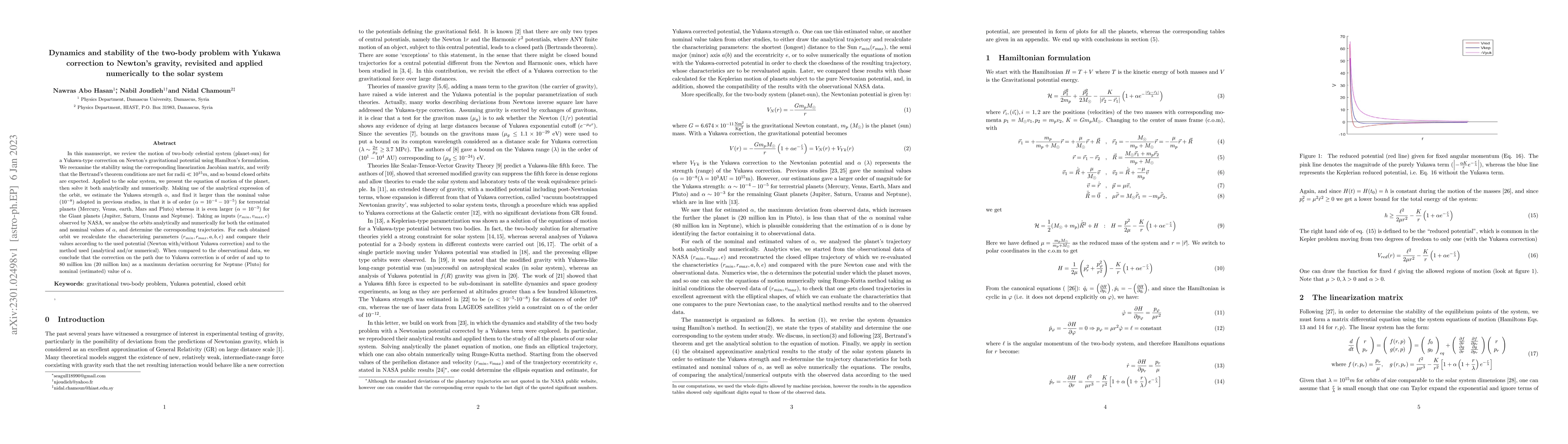 Thumbnail for Dynamics and stability of the two-body problem with Yukawa correction to
  Newton's gravity, revisited and applied numerically to the solar system