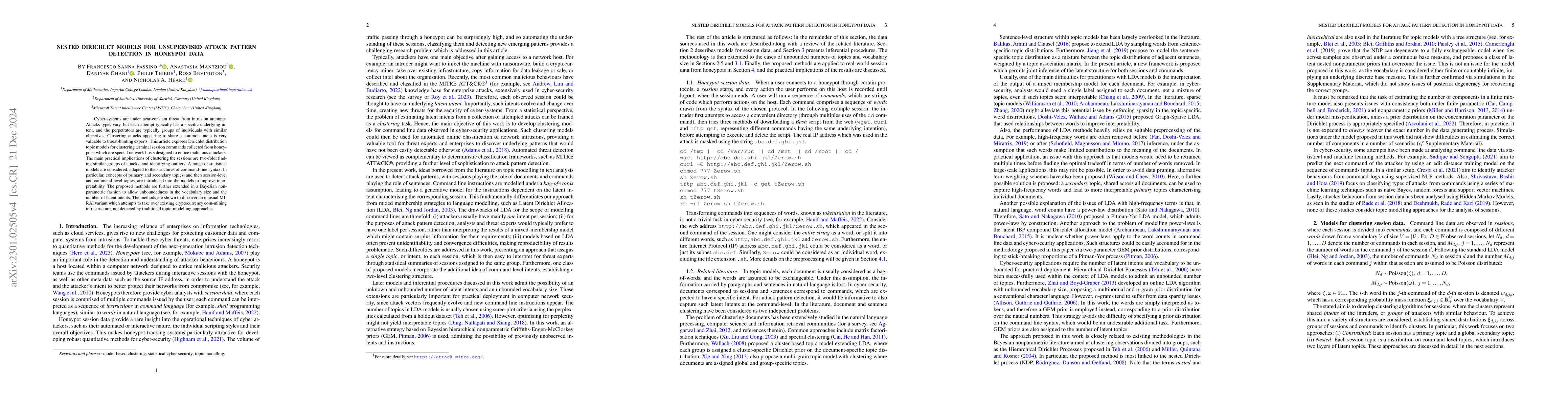 Thumbnail for Nested Dirichlet models for unsupervised attack pattern detection in
  honeypot data