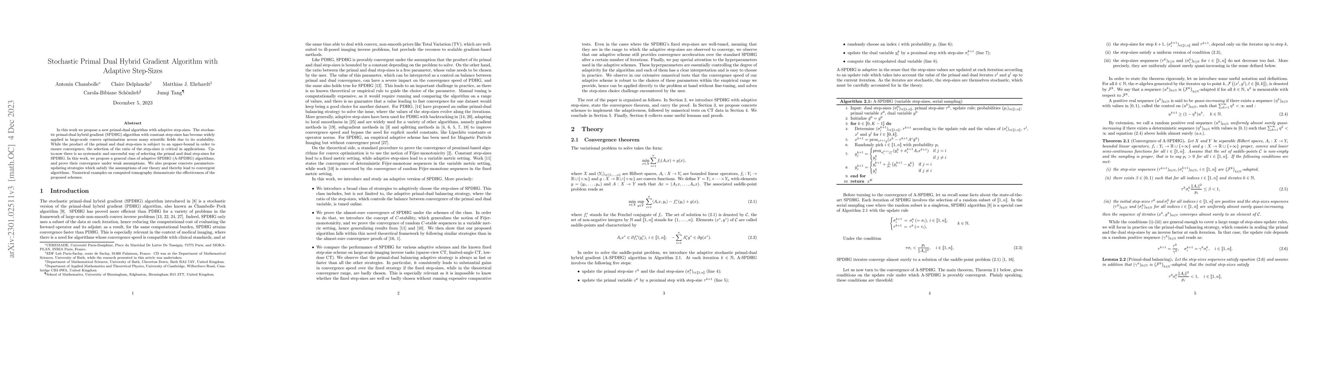 Thumbnail for Stochastic Primal Dual Hybrid Gradient Algorithm with Adaptive
  Step-Sizes