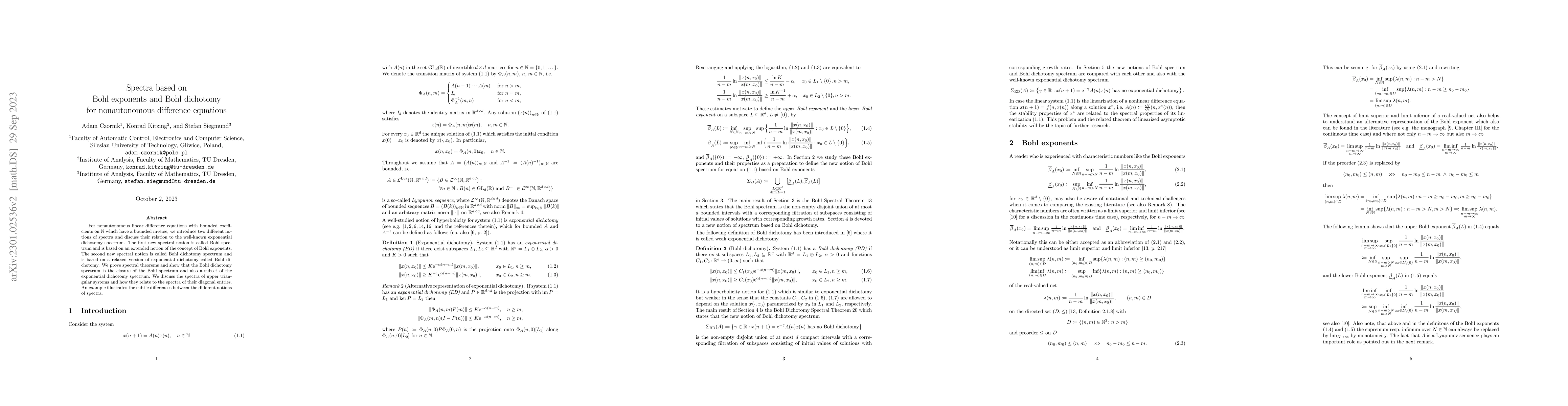 Thumbnail for Spectra based on Bohl exponents and Bohl dichotomy for nonautonomous
  difference equations