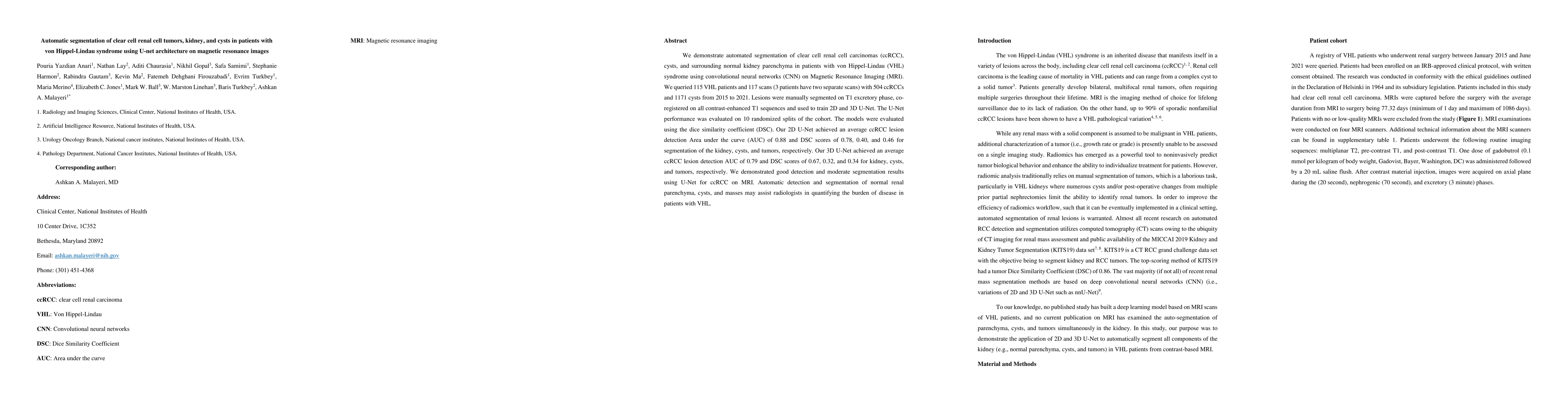 Thumbnail for Automatic segmentation of clear cell renal cell tumors, kidney, and
  cysts in patients with von Hippel-Lindau syndrome using U-net architecture on
  magnetic resonance images