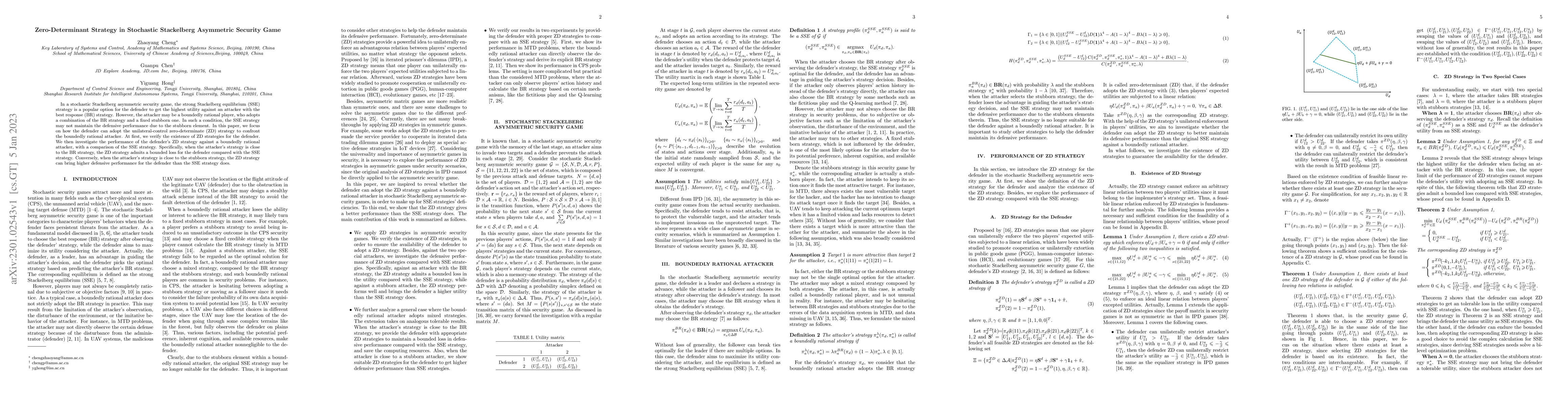 Thumbnail for Zero-Determinant Strategy in Stochastic Stackelberg Asymmetric Security
  Game