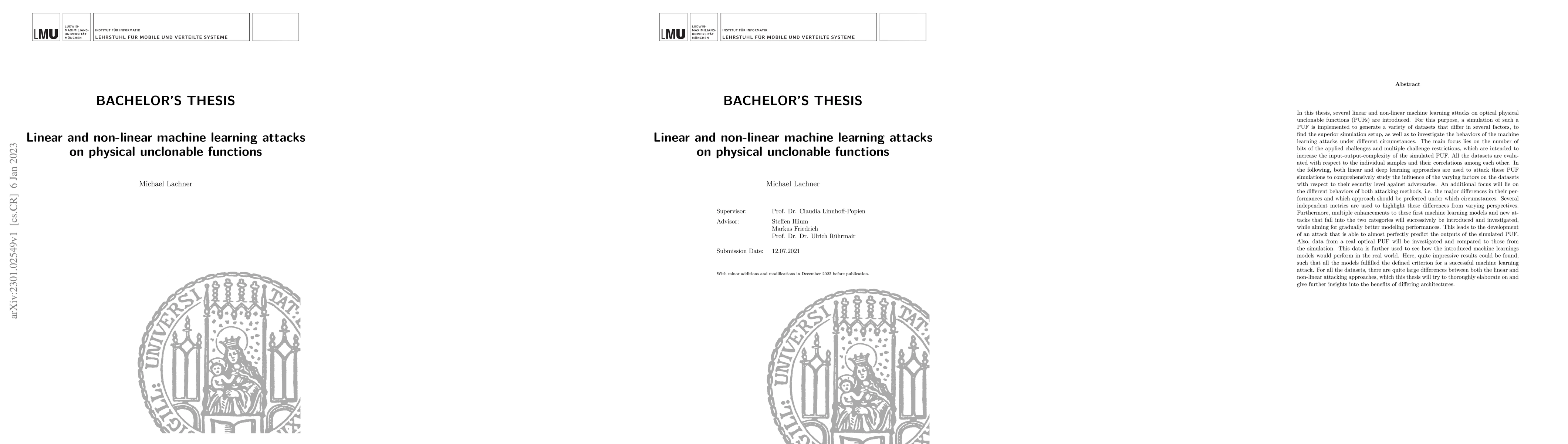 Thumbnail for Linear and non-linear machine learning attacks on physical unclonable
  functions