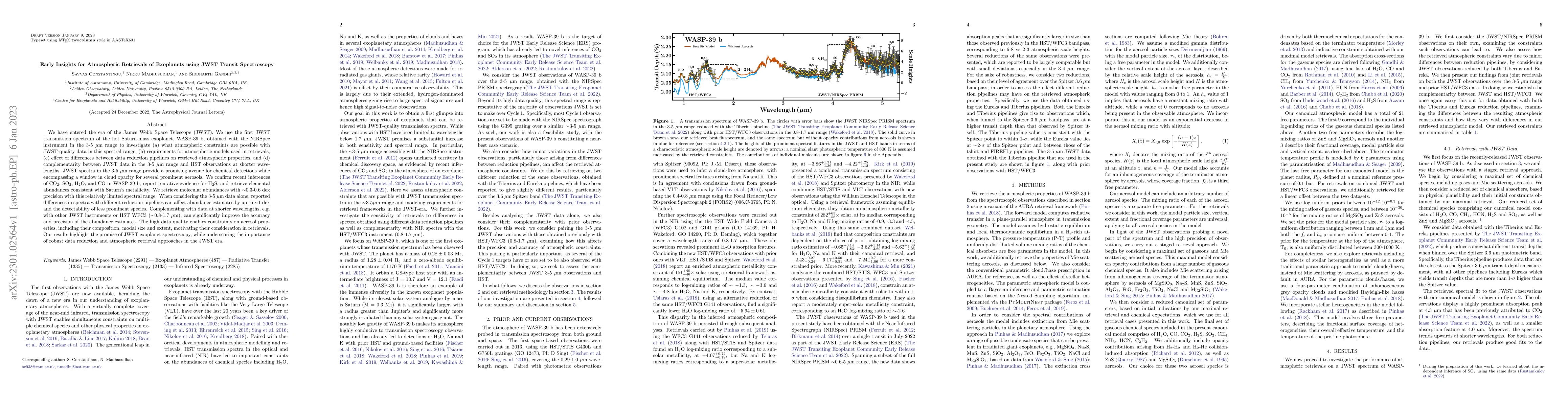 Thumbnail for Early Insights for Atmospheric Retrievals of Exoplanets using JWST
  Transit Spectroscopy