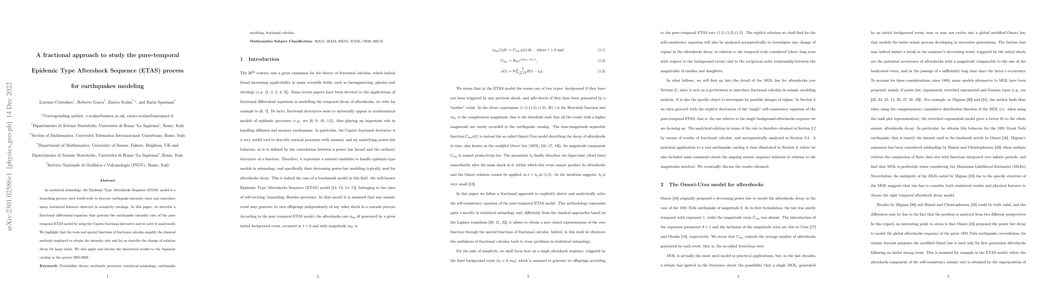 Thumbnail for A fractional approach to study the pure-temporal Epidemic Type
  Aftershock Sequence (ETAS) process for earthquakes modeling