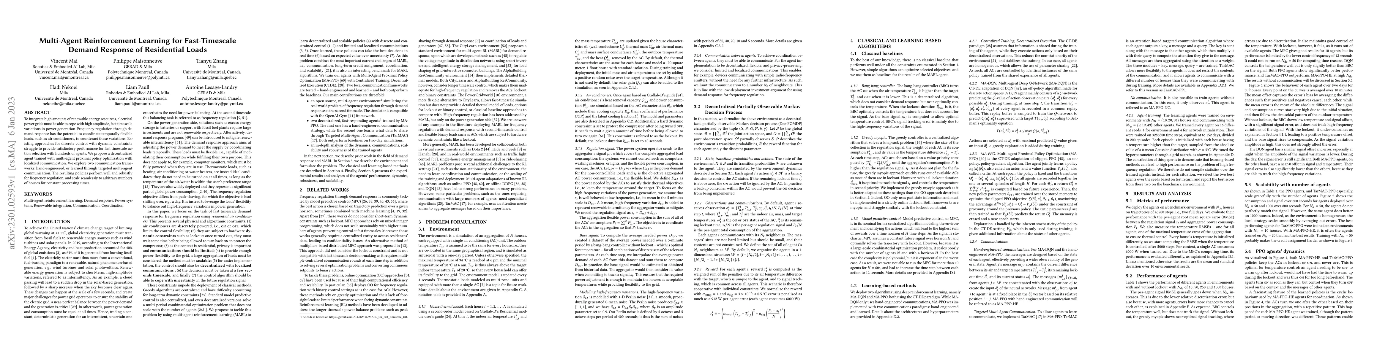 Thumbnail for Multi-Agent Reinforcement Learning for Fast-Timescale Demand Response of
  Residential Loads