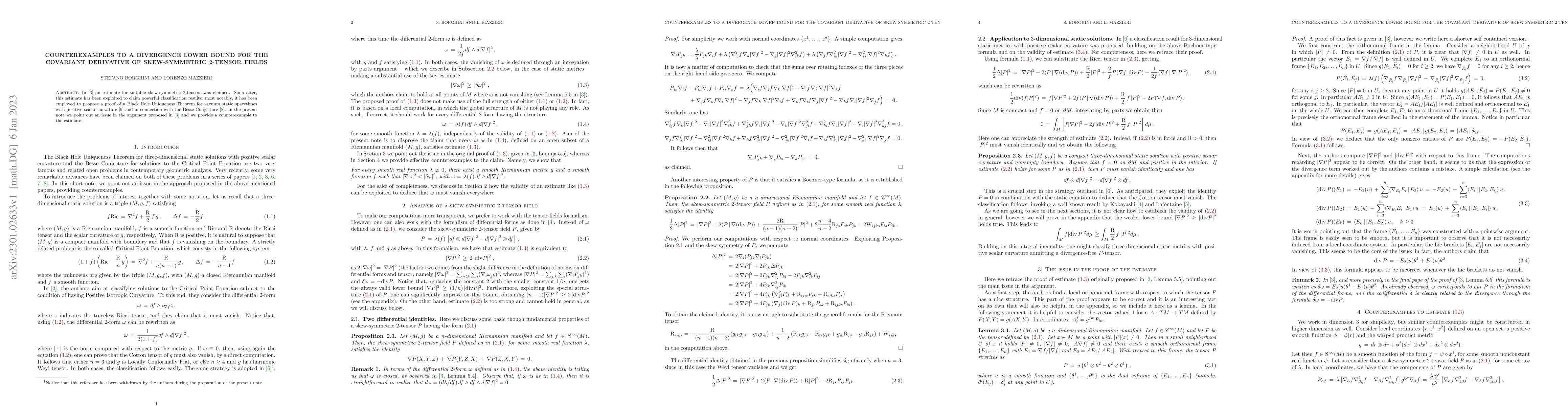 Thumbnail for Counterexamples to a divergence lower bound for the covariant derivative
  of skew-symmetric 2-tensor fields
