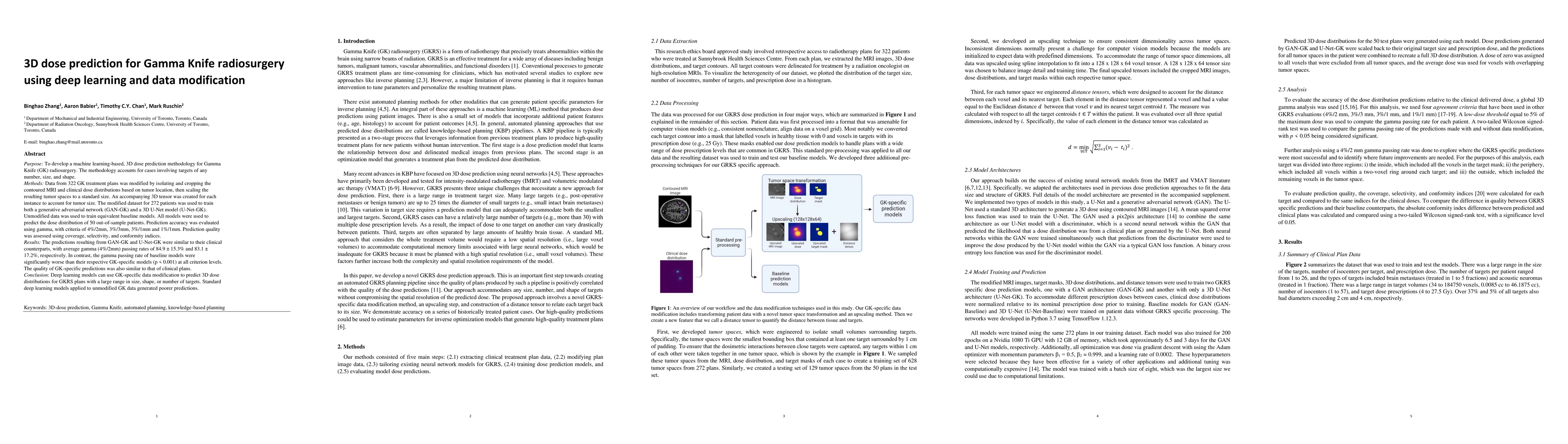 Thumbnail for 3D dose prediction for Gamma Knife radiosurgery using deep learning and
  data modification