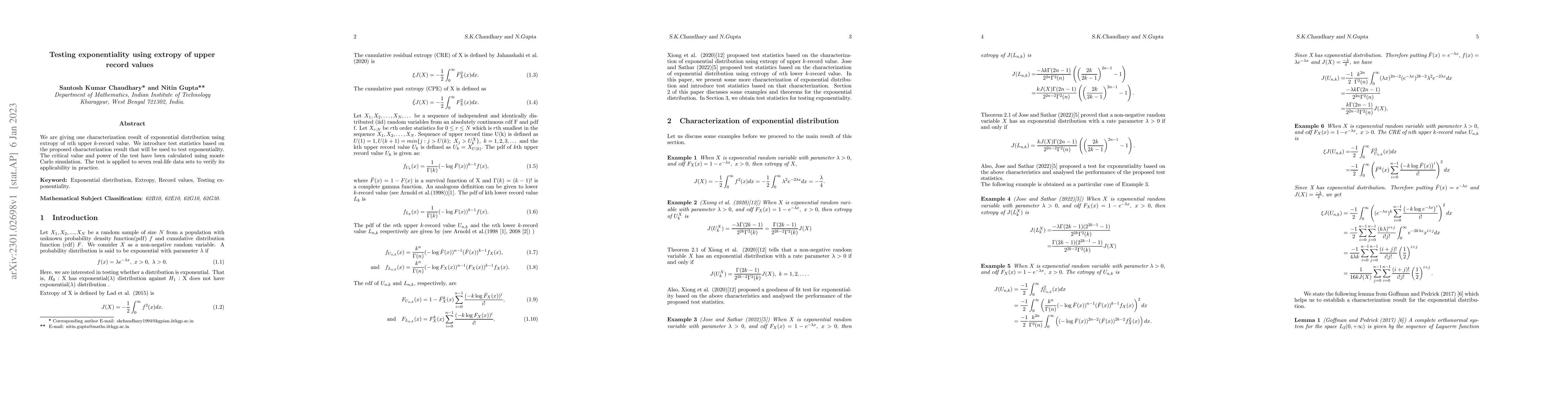 Thumbnail for Testing exponentiality using extropy of upper record values