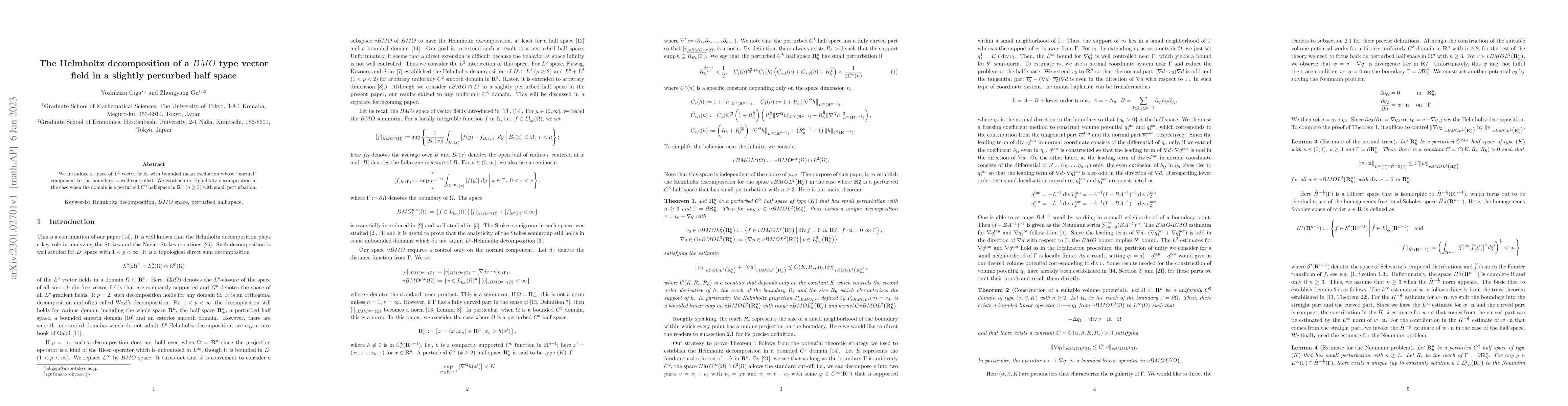 Thumbnail for The Helmholtz decomposition of a $BMO$ type vector field in a slightly
  perturbed half space