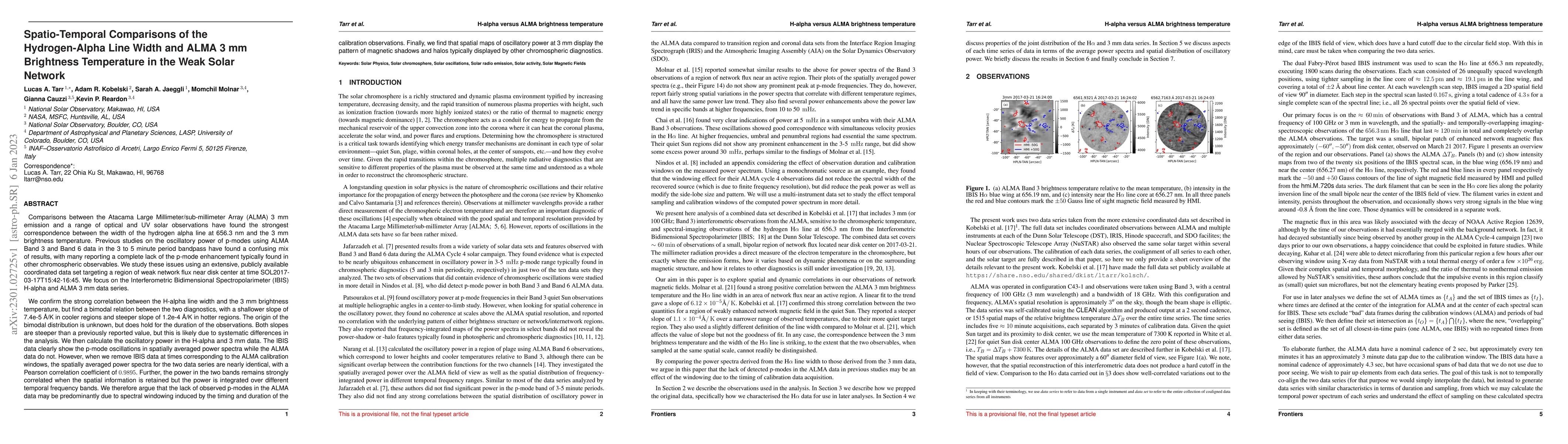 Thumbnail for Spatio-Temporal Comparisons of the Hydrogen-Alpha Line Width and ALMA 3
  mm Brightness Temperature in the Weak Solar Network