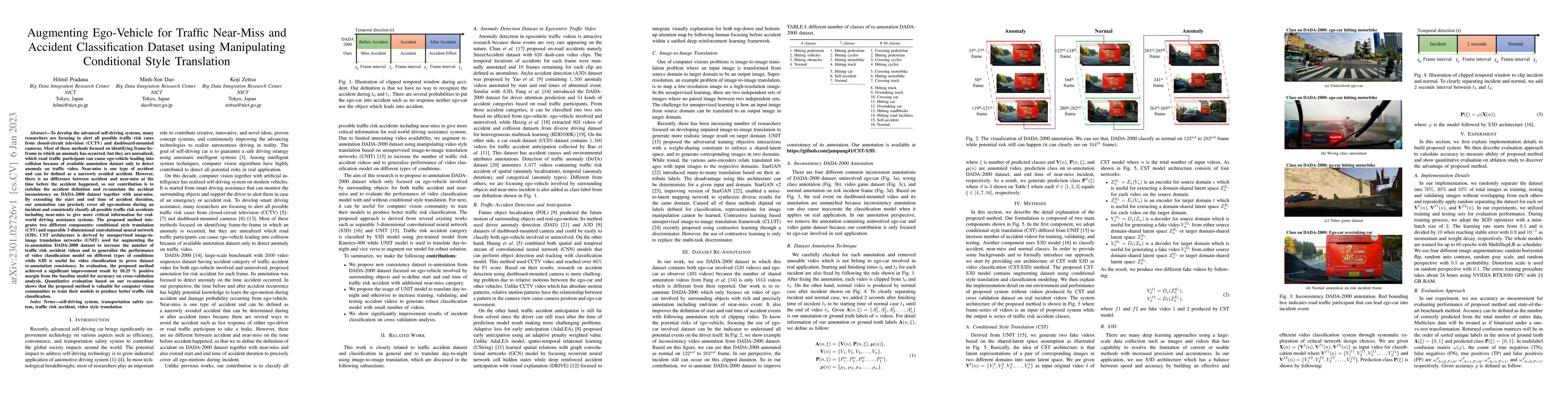 Thumbnail for Augmenting Ego-Vehicle for Traffic Near-Miss and Accident Classification
  Dataset using Manipulating Conditional Style Translation