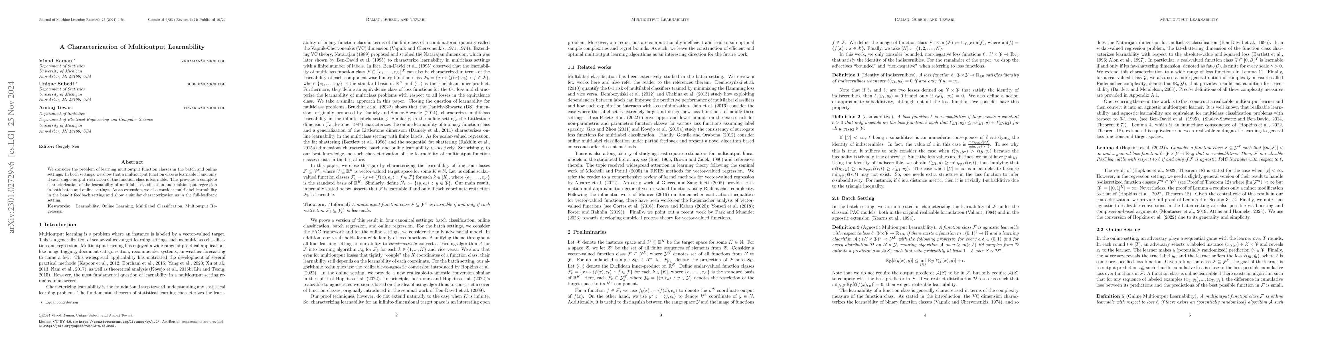 Thumbnail for A Characterization of Multioutput Learnability