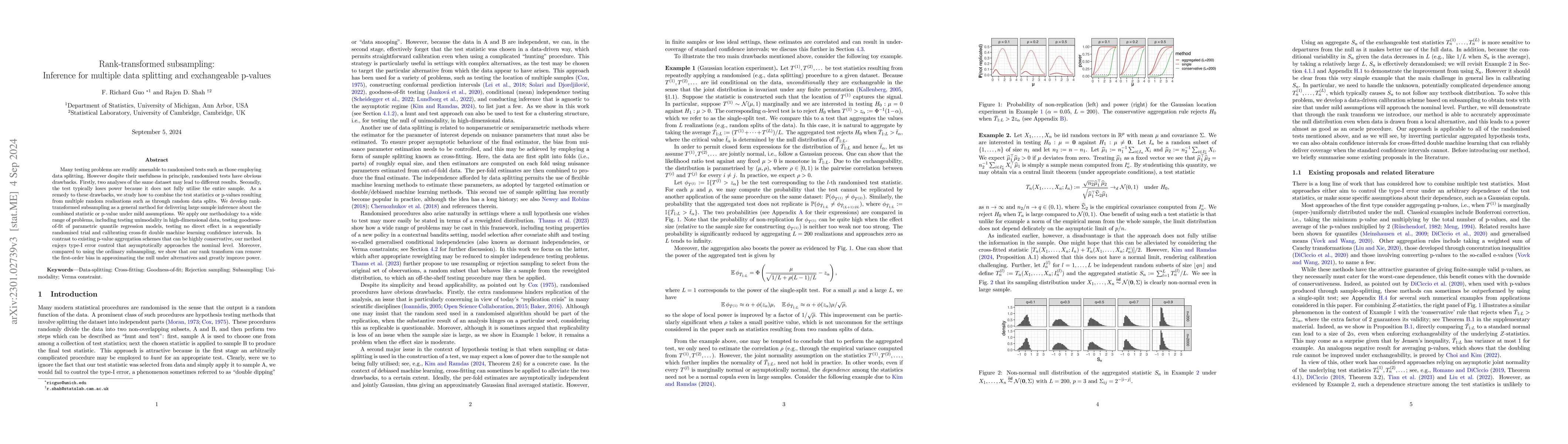 Thumbnail for Rank-transformed subsampling: inference for multiple data splitting and
  exchangeable p-values