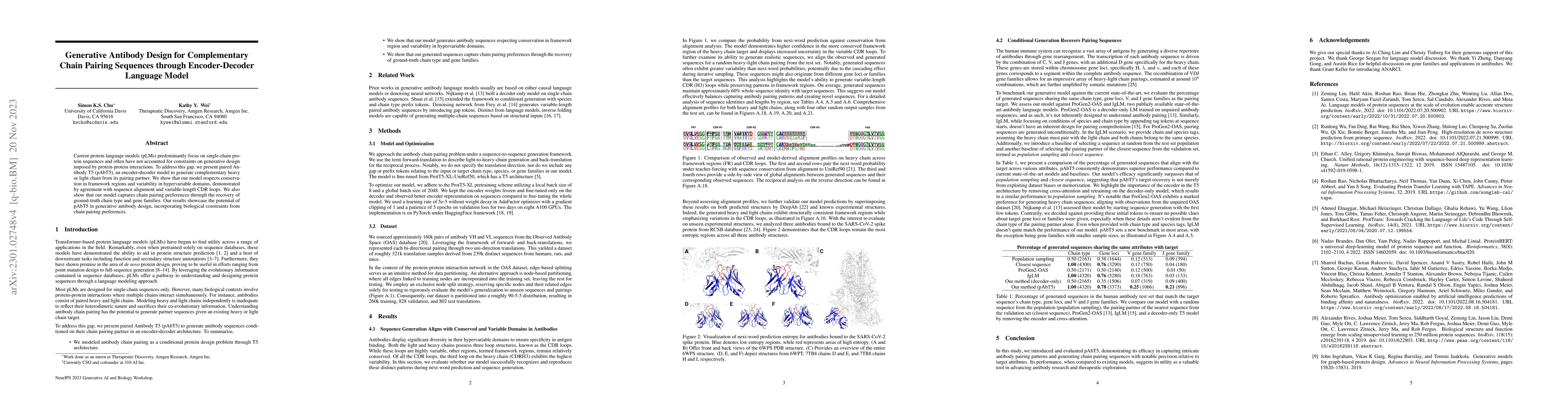 Thumbnail for Generative Antibody Design for Complementary Chain Pairing Sequences
  through Encoder-Decoder Language Model