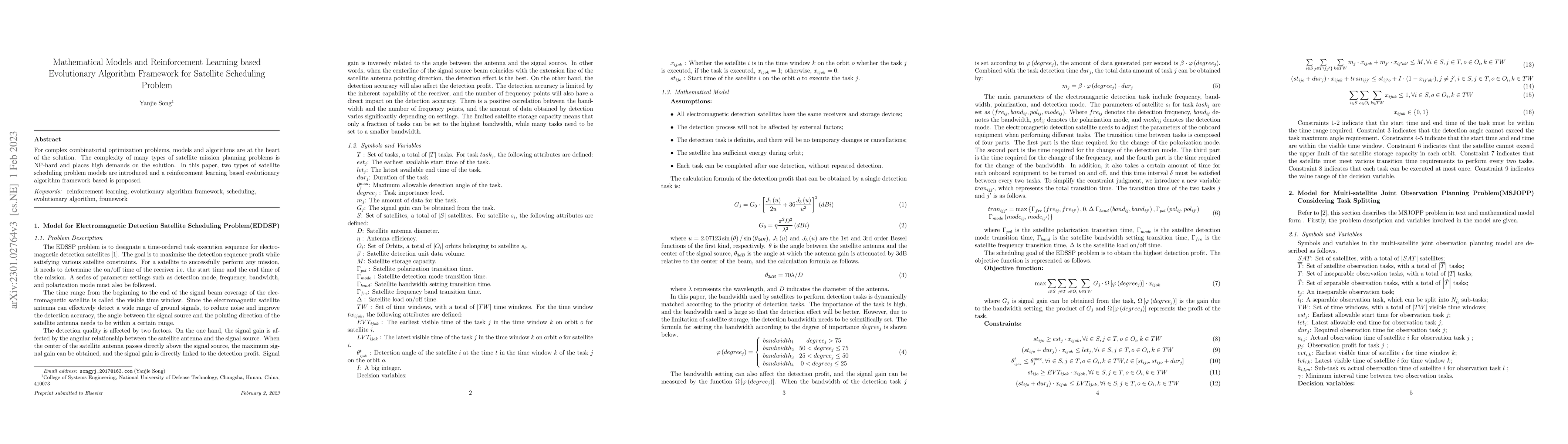 Thumbnail for Mathematical Models and Reinforcement Learning based Evolutionary
  Algorithm Framework for Satellite Scheduling Problem