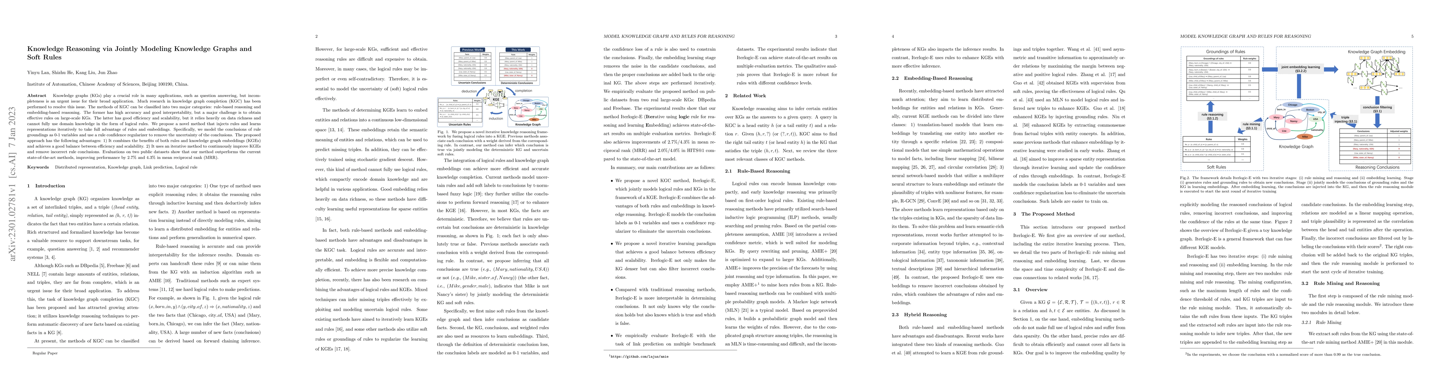 Thumbnail for Knowledge Reasoning via Jointly Modeling Knowledge Graphs and Soft Rules