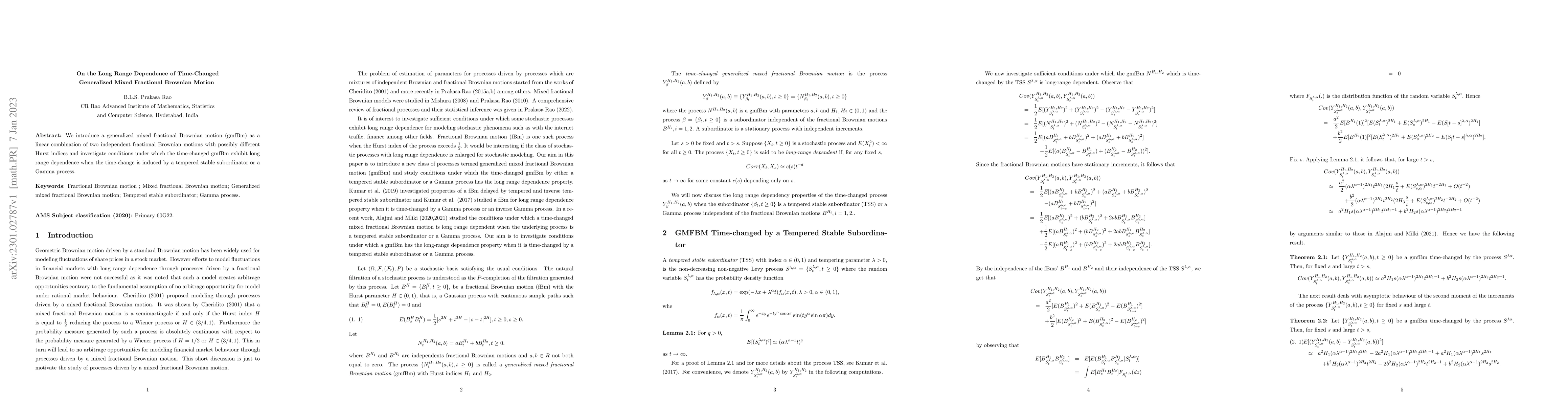 Thumbnail for On the long range dependence of time-changed generalized mixed
  fractional Brownian motion