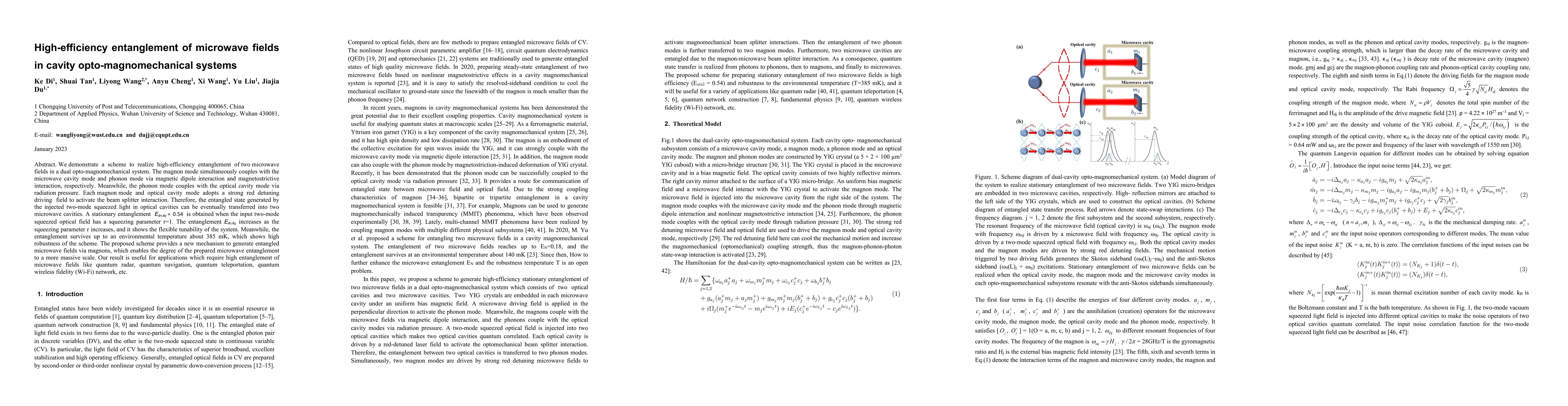 Thumbnail for High-efficiency entanglement of microwave fields in cavity
  opto-magnomechanical systems