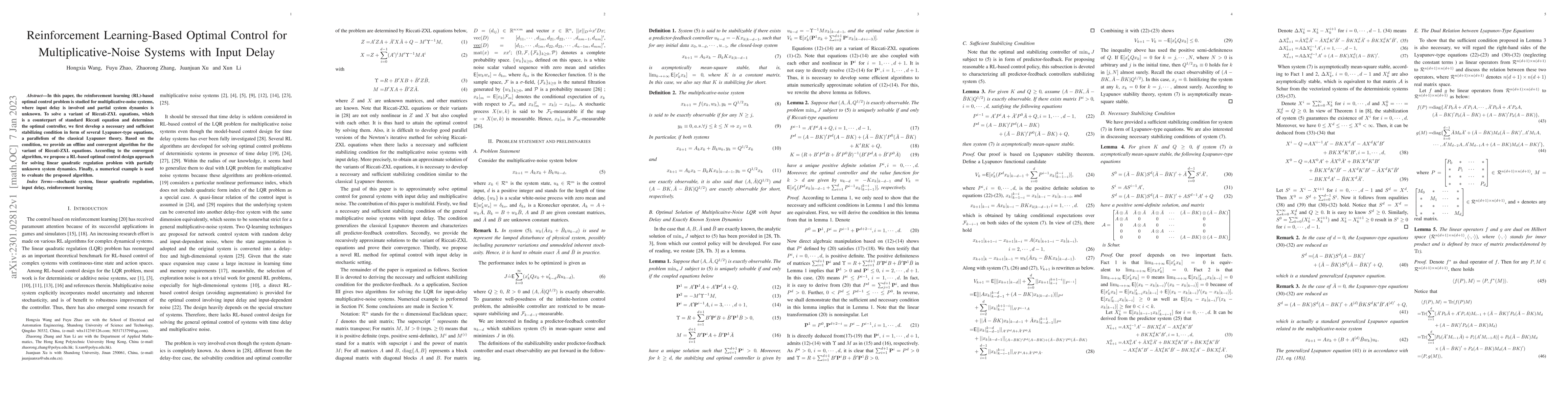 Thumbnail for Reinforcement Learning-Based Optimal Control for Multiplicative-Noise
  Systems with Input Delay