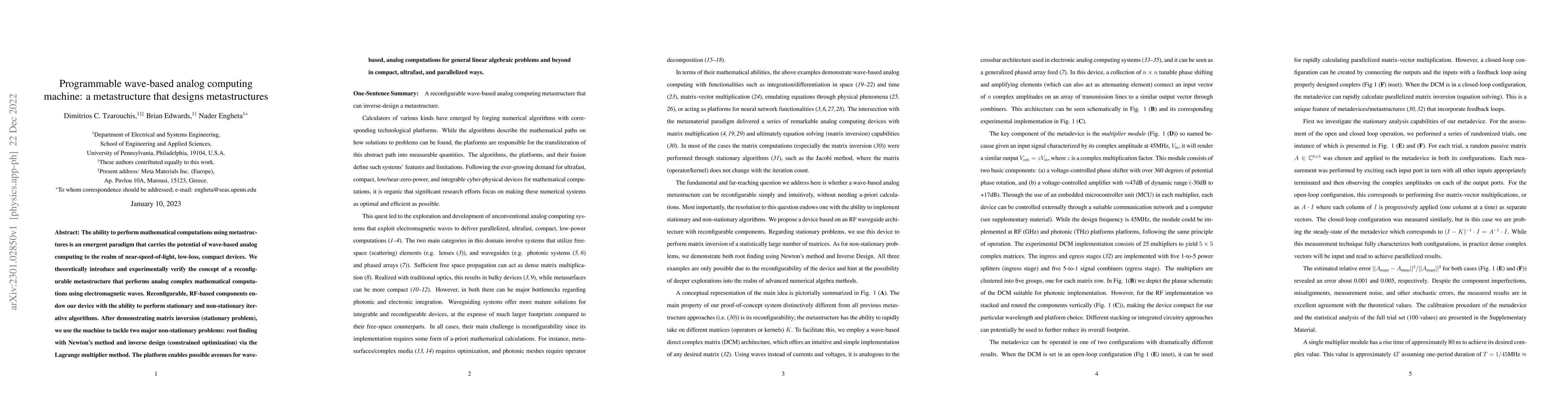 Thumbnail for Programmable wave-based analog computing machine: a metastructure that
  designs metastructures