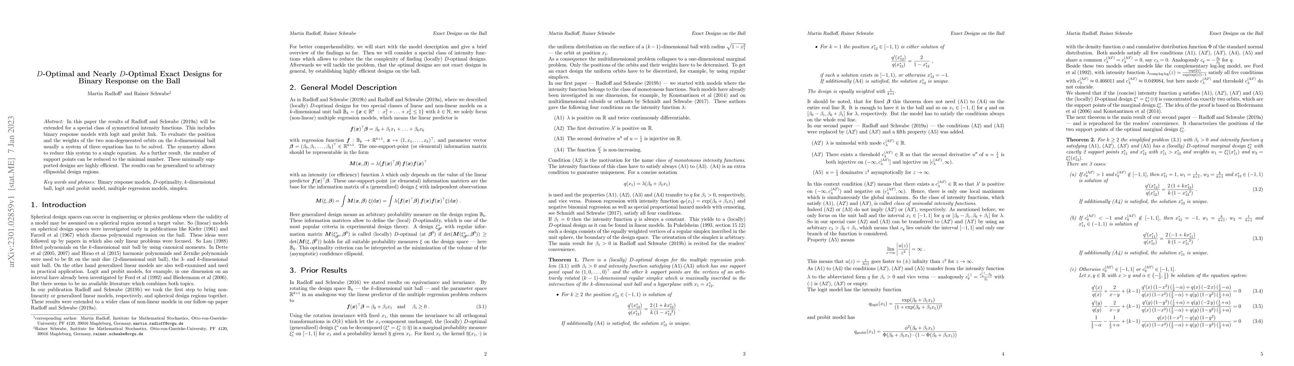 Thumbnail for $D$-Optimal and Nearly $D$-Optimal Exact Designs for Binary Response on
  the Ball