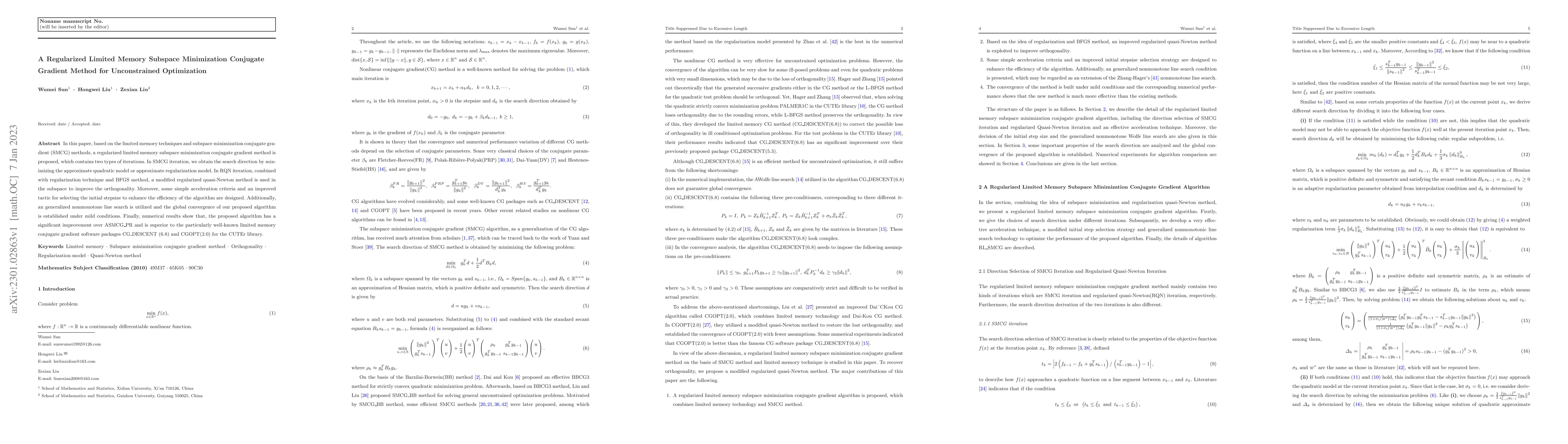 Thumbnail for A Regularized Limited Memory Subspace Minimization Conjugate Gradient
  Method for Unconstrained Optimization