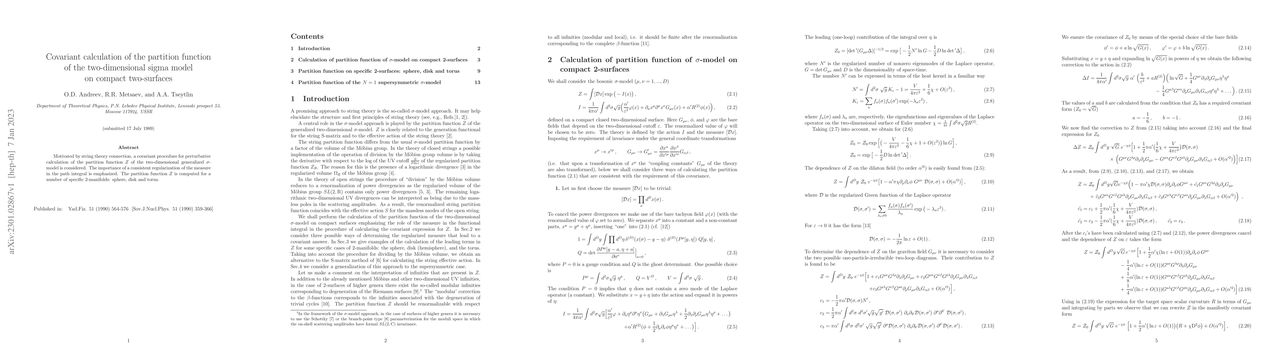 Thumbnail for Covariant calculation of the partition function of the two-dimensional
  sigma model on compact two-surfaces