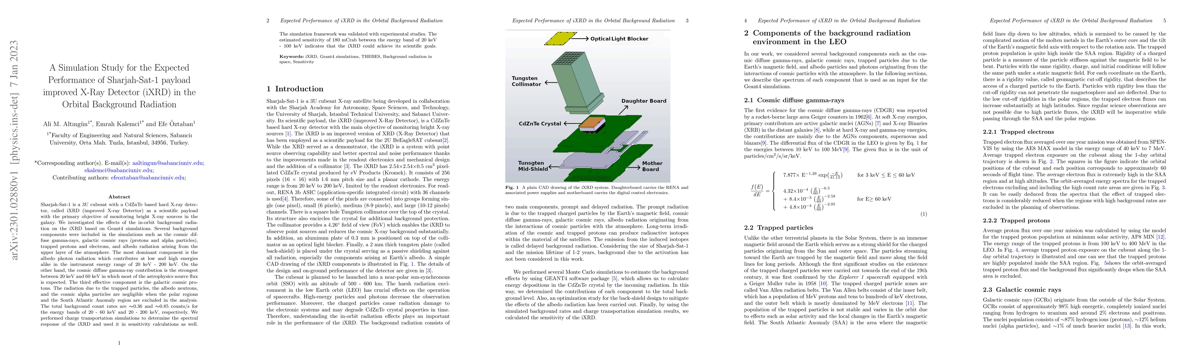 Thumbnail for A Simulation Study for the Expected Performance of Sharjah-Sat-1 payload
  improved X-Ray Detector (iXRD) in the Orbital Background Radiation