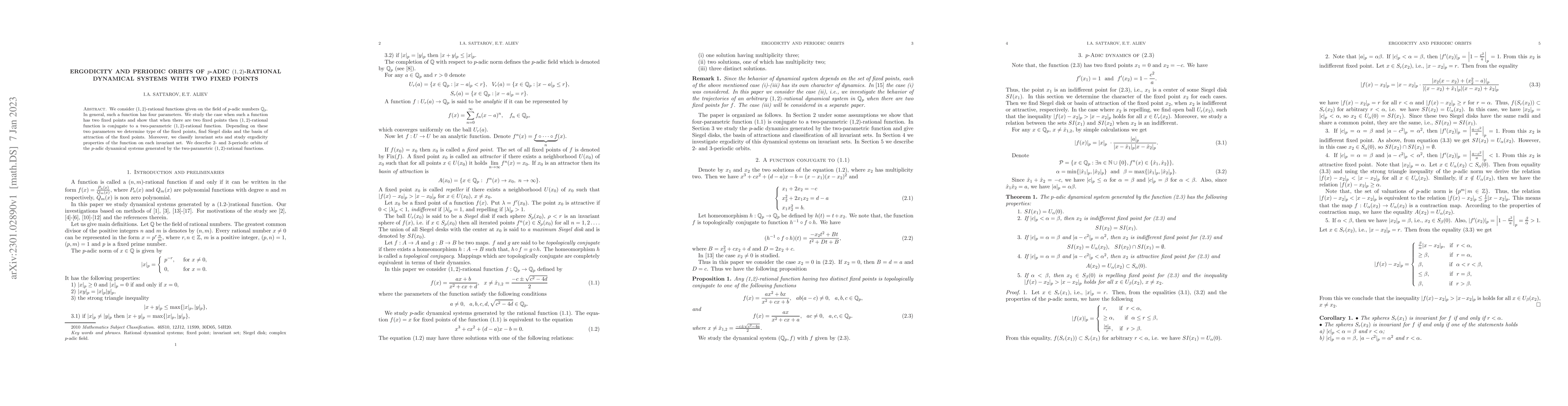 Thumbnail for Ergodicity and periodic orbits of $p$-adic $(1,2)$-rational dynamical
  systems with two fixed points