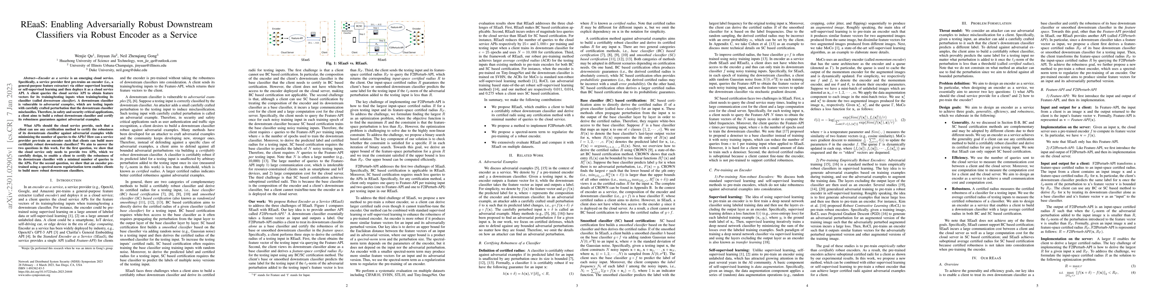 Thumbnail for REaaS: Enabling Adversarially Robust Downstream Classifiers via Robust
  Encoder as a Service