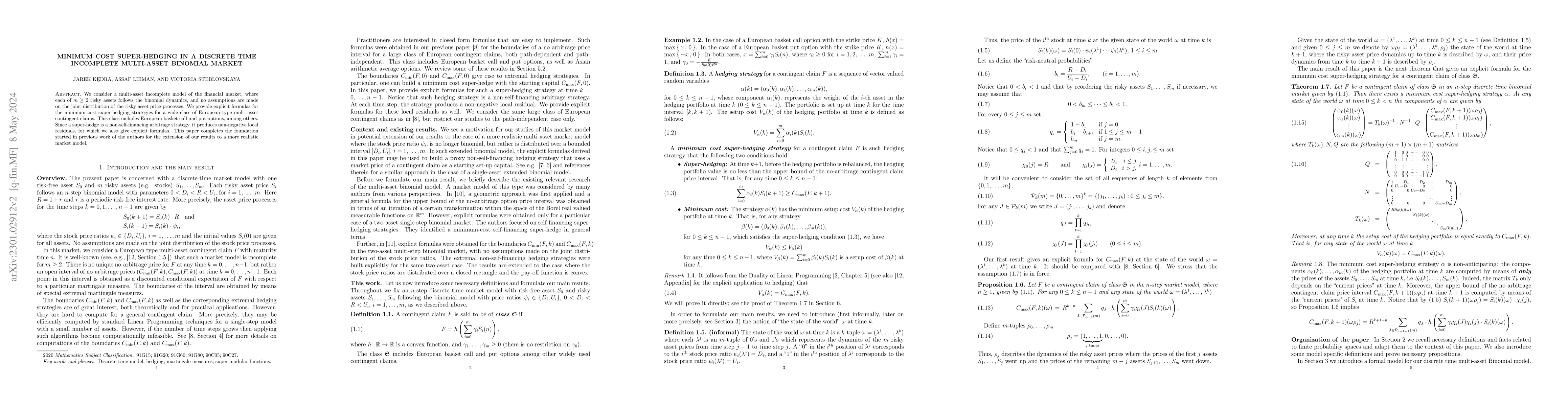 Thumbnail for Minimum Cost Super-Hedging in a Discrete Time Incomplete Multi-Asset
  Binomial Market