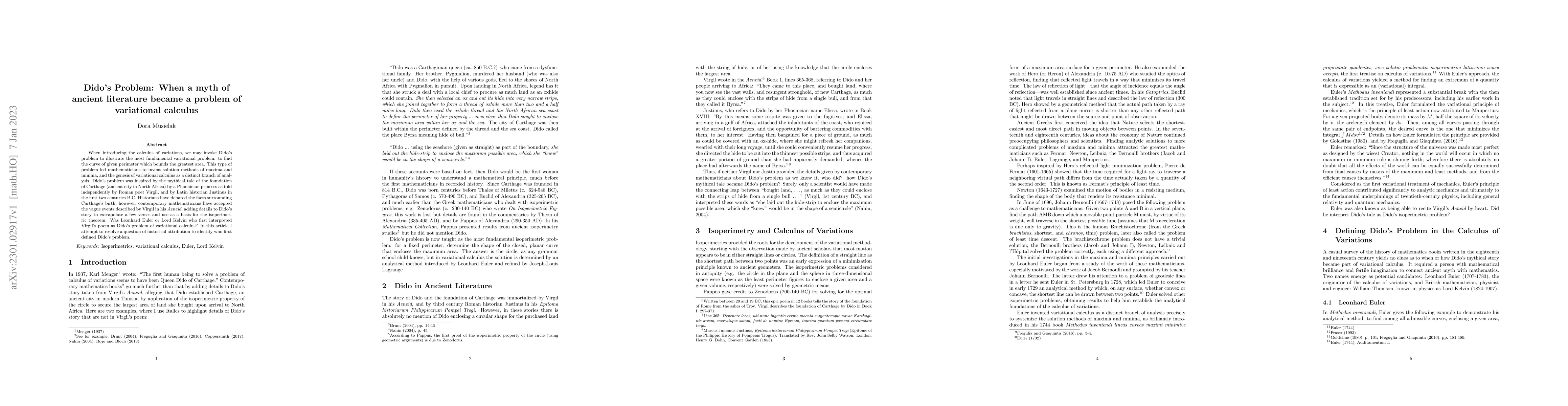 Thumbnail for Dido's Problem. When a myth of ancient literature became a problem of
  variational calculus
