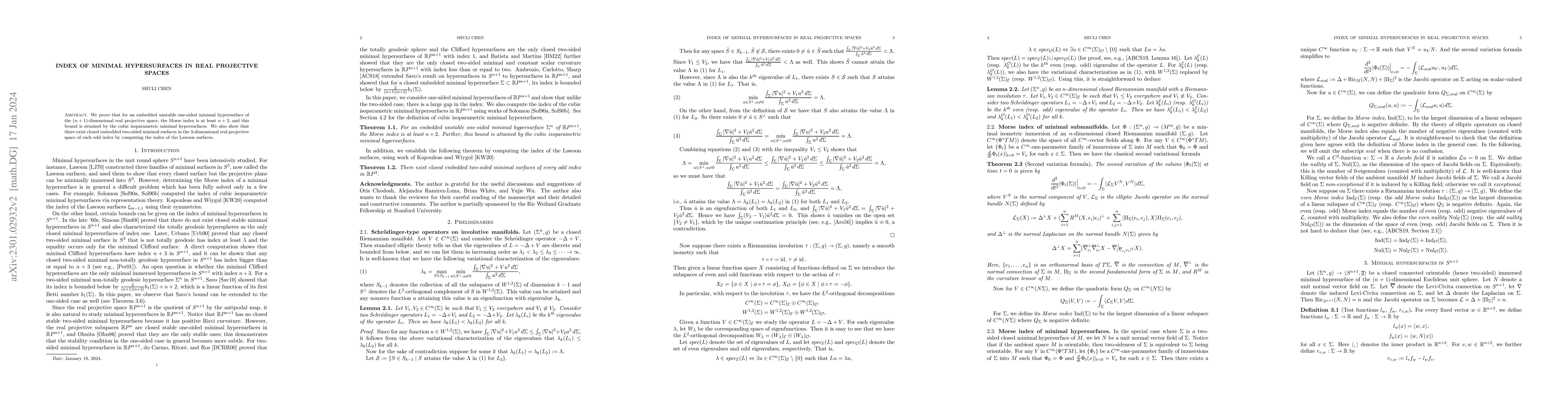 Thumbnail for Index of minimal hypersurfaces in real projective spaces