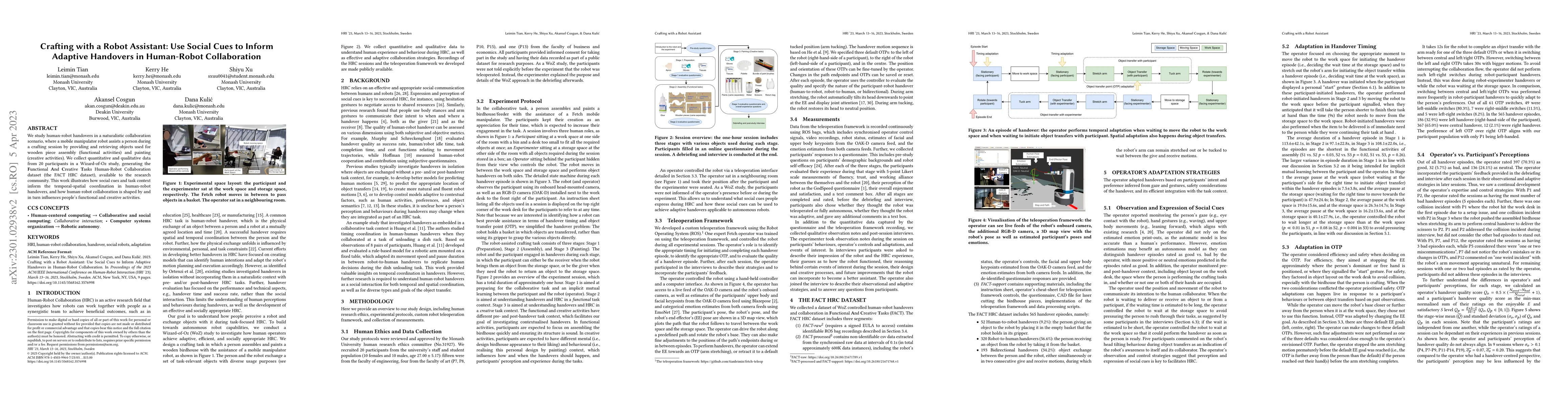 Thumbnail for Crafting with a Robot Assistant: Use Social Cues to Inform Adaptive
  Handovers in Human-Robot Collaboration
