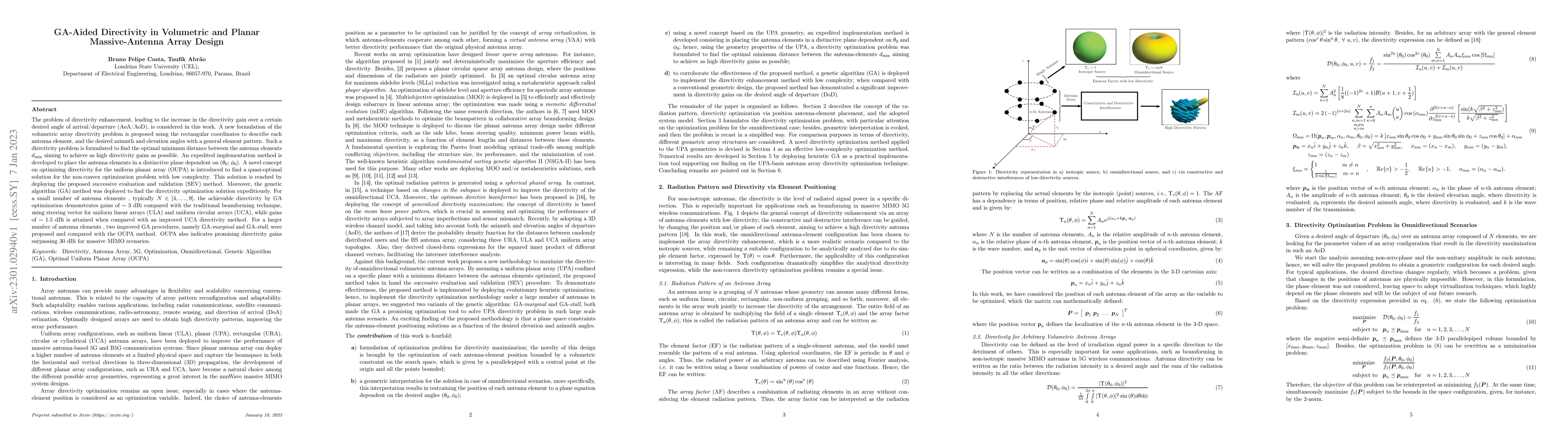 Thumbnail for GA-Aided Directivity in Volumetric and Planar Massive-Antenna Array
  Design