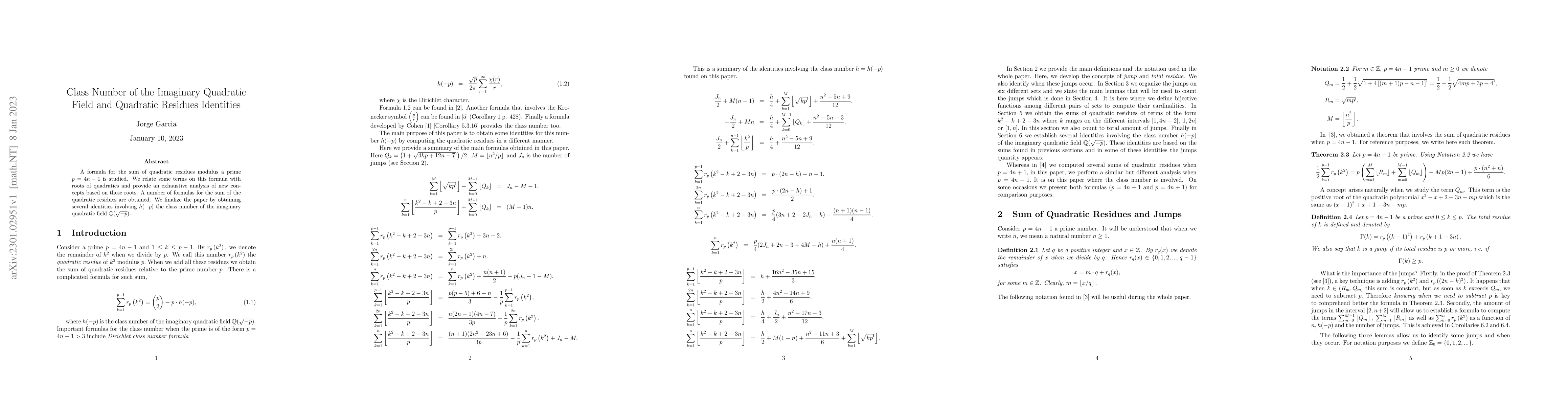 Thumbnail for Class Number of the Imaginary Quadratic Field and Quadratic Residues
  Identities