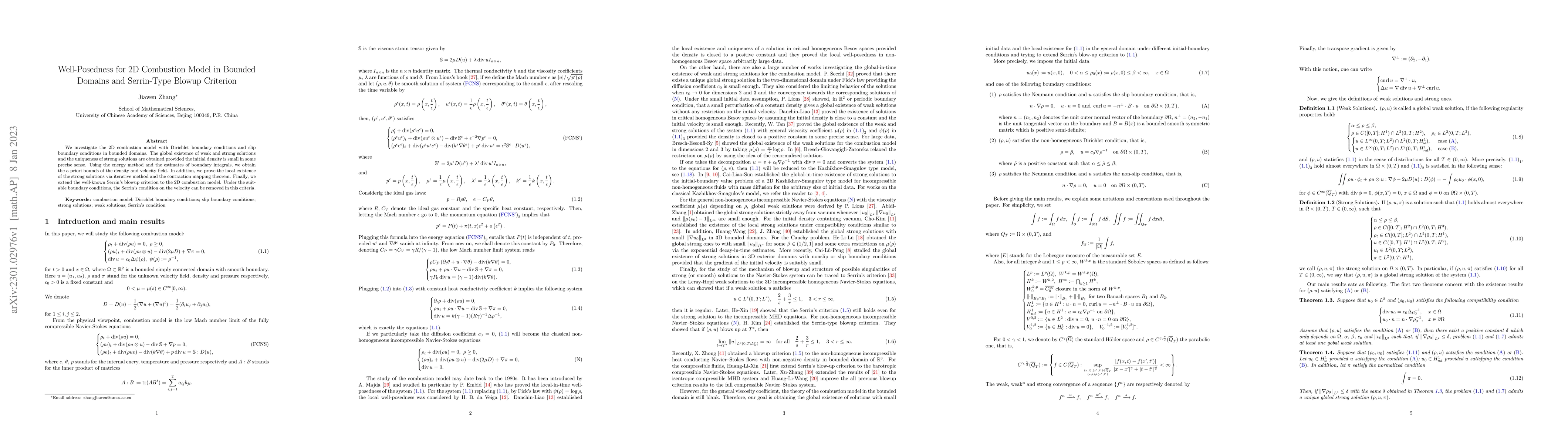 Thumbnail for Well-Posedness for 2D Combustion Model in Bounded Domains and
  Serrin-Type Blowup Criterion