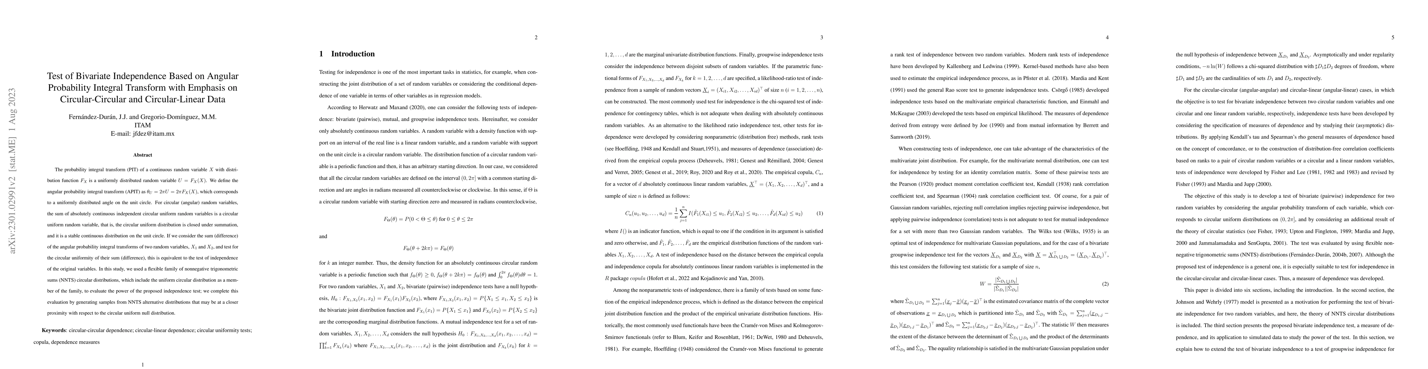 Thumbnail for Test of Bivariate Independence Based on Angular Probability Integral
  Transform with Emphasis on Circular-Circular and Circular-Linear Data