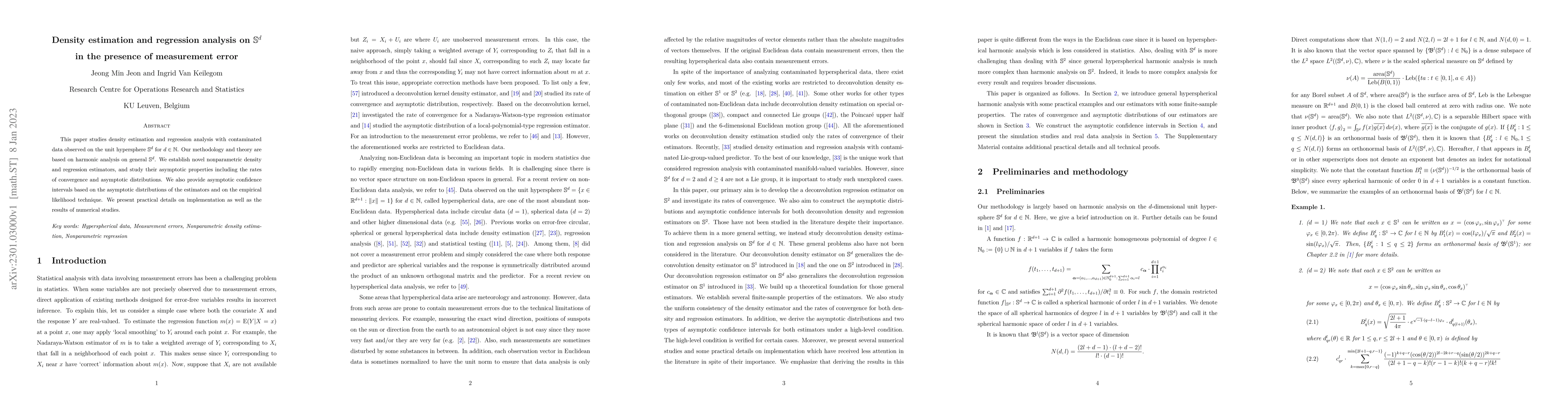 Thumbnail for Density estimation and regression analysis on S^d in the presence of
  measurement error