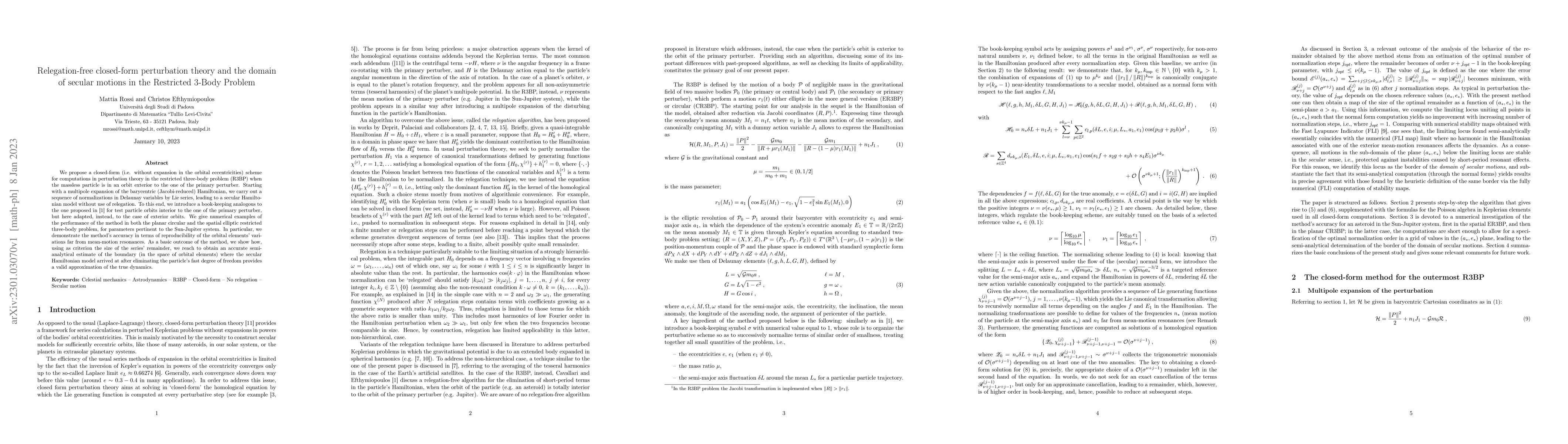 Thumbnail for Relegation-free closed-form perturbation theory and the domain of
  secular motions in the Restricted 3-Body Problem