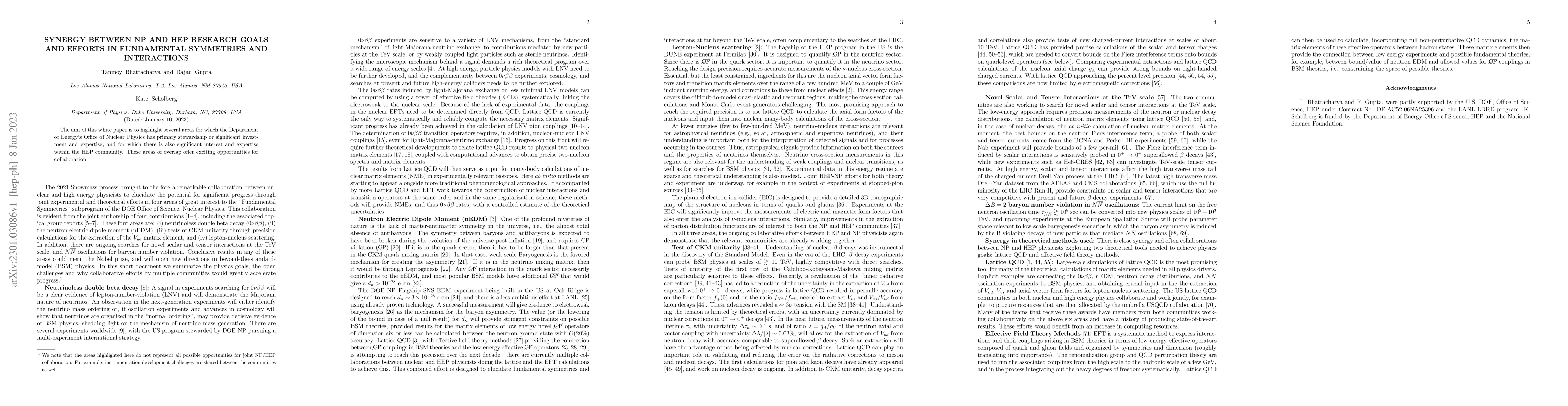 Thumbnail for Synergy between NP and HEP research goals and efforts in fundamental
  symmetries and interactions
