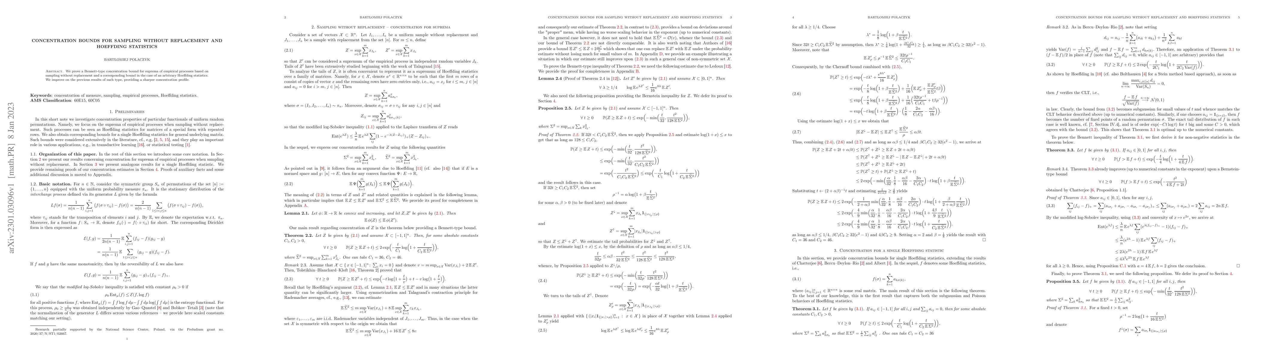 Thumbnail for Concentration bounds for sampling without replacement and Hoeffding
  statistics