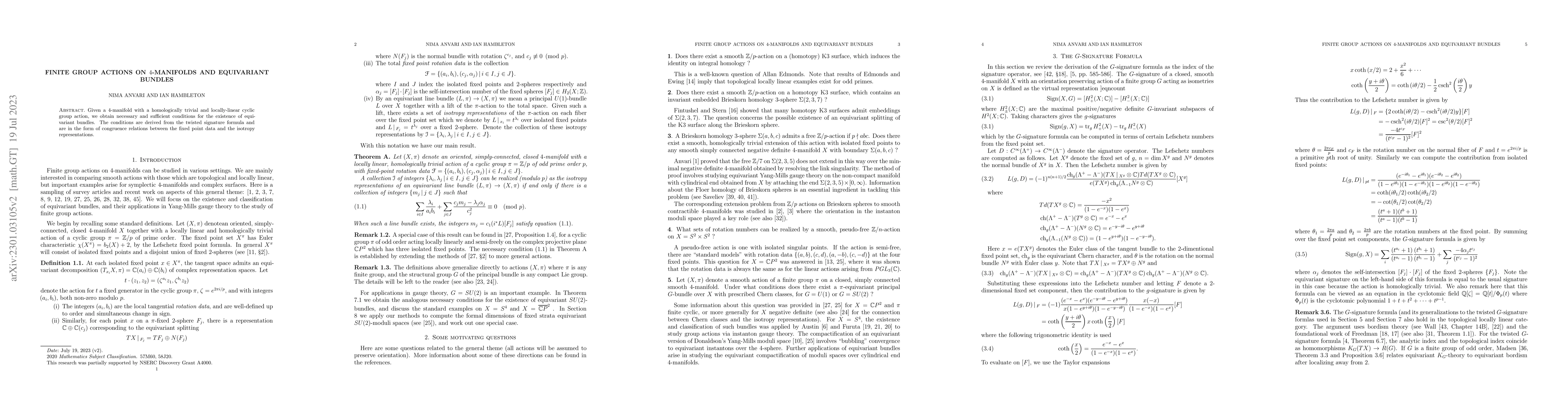 Thumbnail for Finite group actions on 4-manifolds and equivariant bundles