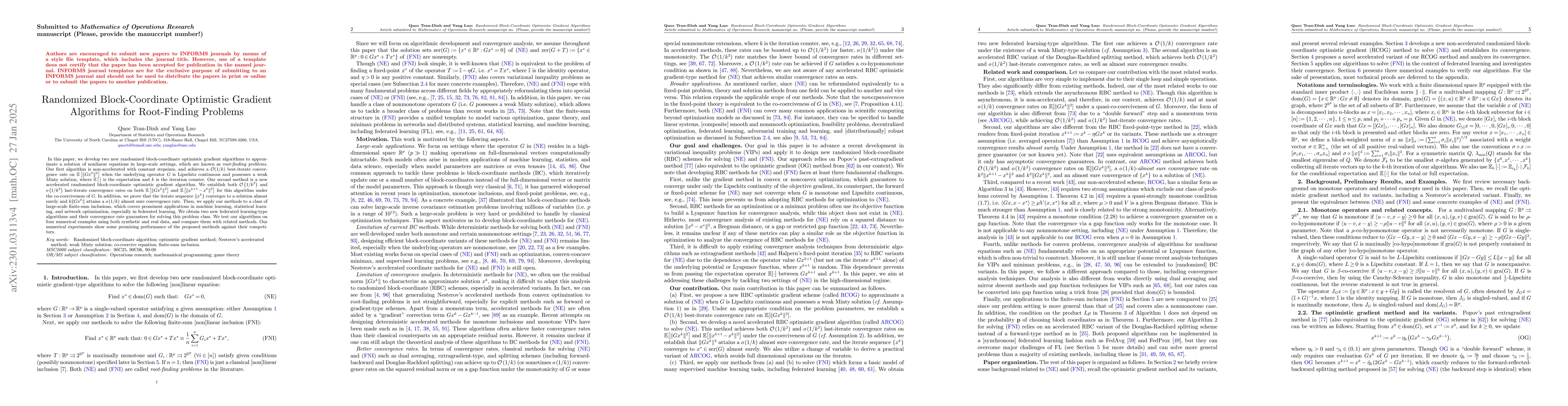 Thumbnail for Randomized Block-Coordinate Optimistic Gradient Algorithms for
  Root-Finding Problems