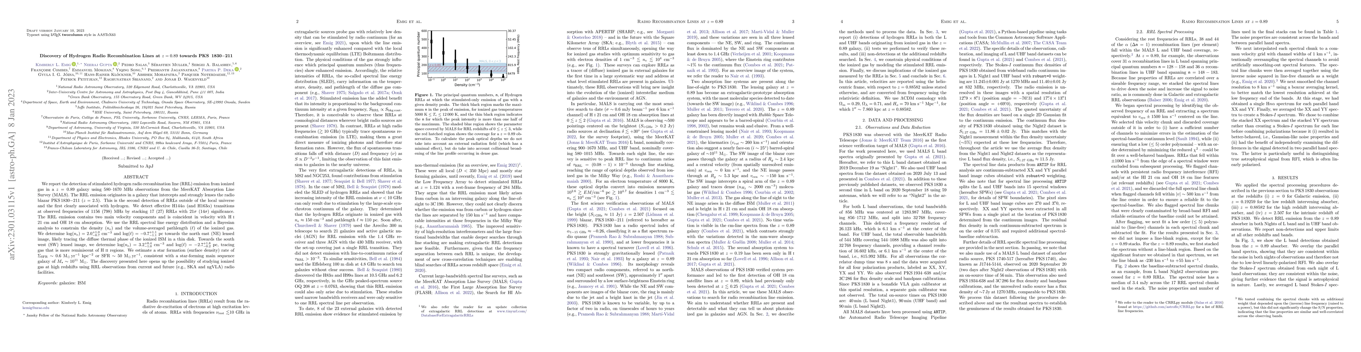 Thumbnail for Discovery of Hydrogen Radio Recombination Lines at z=0.89 towards PKS
  1830-211