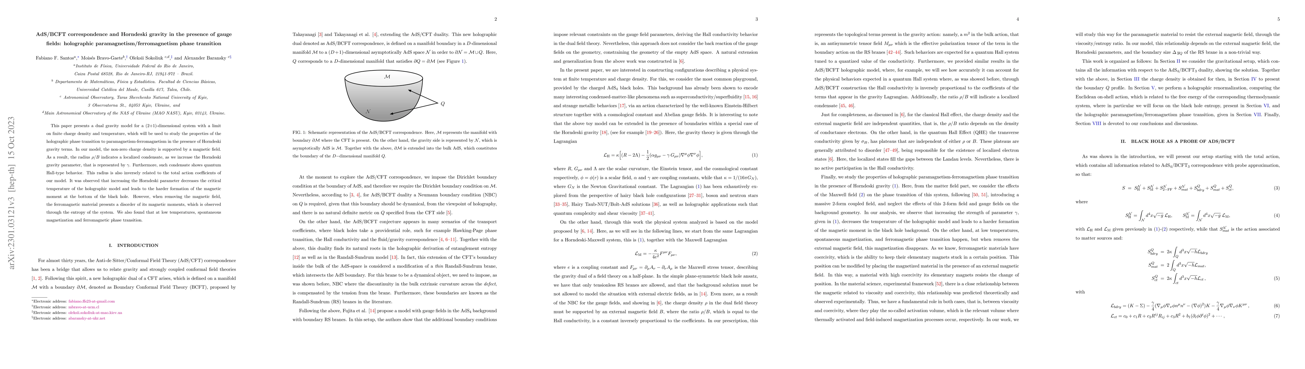 Thumbnail for AdS/BCFT correspondence and Horndeski gravity in the presence of gauge
  fields: holographic paramagnetism/ferromagnetism phase transition