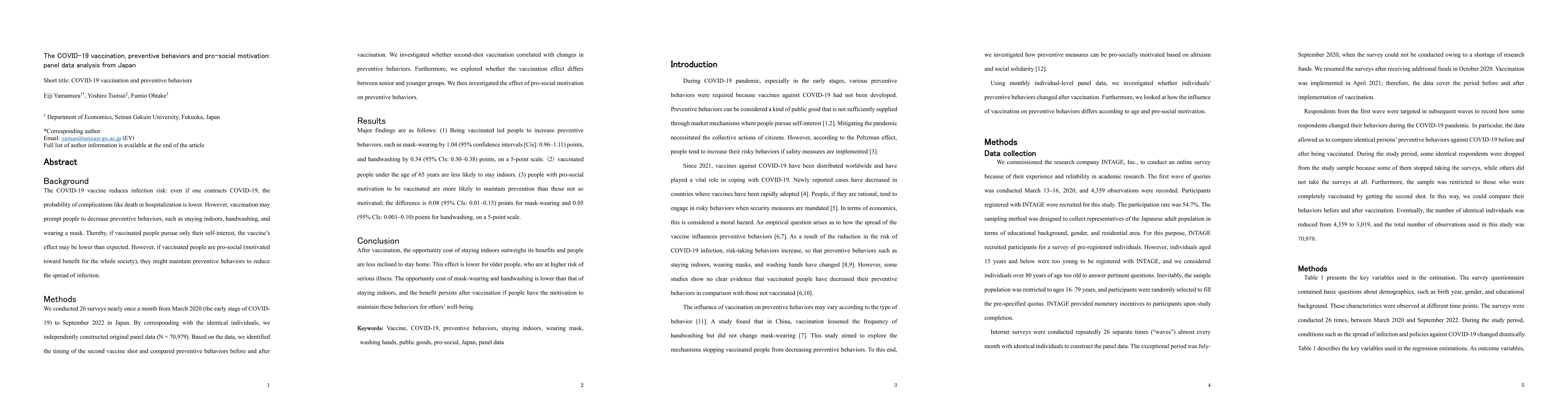 Thumbnail for The COVID-19 vaccination, preventive behaviors and pro-social
  motivation: panel data analysis from Japan